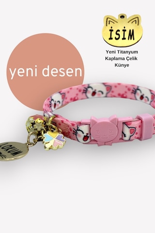 Caramelos İsimli Güvenlik Kilitli Kedi Tasması Pembe