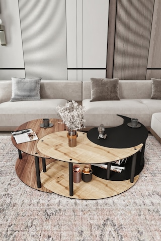 Yin Yang Unıty Serenıty Orta Sehpa 3 Lü Safir Meşe Madran Ceviz Siyah 90 Cm Çap Siyah