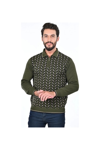 Kamalı Erkek Çelik Örgü Gömlek Yaka Fermuarlı Polo Yakalı Tüylenmez Triko Kışlık Baba Kazak Haki