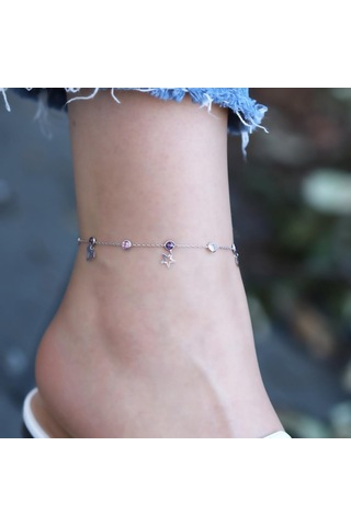 Renkli Zirkon Taşlı Figürlü Gümüş Halhal Gümüş