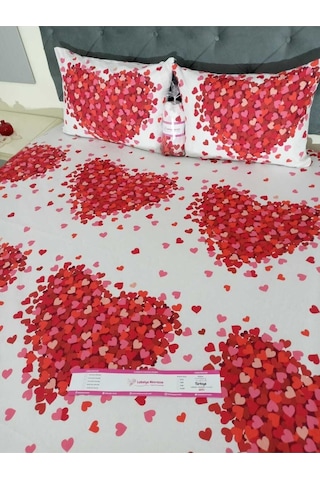 Çift Kişilik Lastikli Çarşaf Takımı - Kırmızı Kalpli Kırmızı