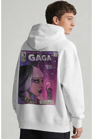 Sevbano Tasarım Lady Gaga Şarkıcı Sırt Baskılı Unisex Oversize Penye Hood beyaz