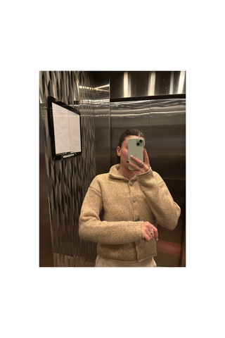 Genel Markalar Kadın Bej Polo Yaka Düğmeli Oversize Triko Hırka Uzun Kollu Basic Günlük Hırka Bej 923228701 Bej