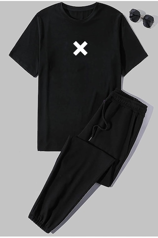 Uyguntarz Unisex X Baskılı 2'li Eşofman Takımı Siyah