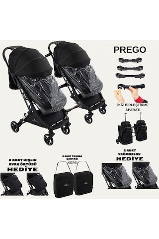 Prego Yan Yana Birleştirmeli Kabin Boy İkiz Bebek Arabası Ayak Örtüsü + Yağmurluk + Taşıma Çanatası