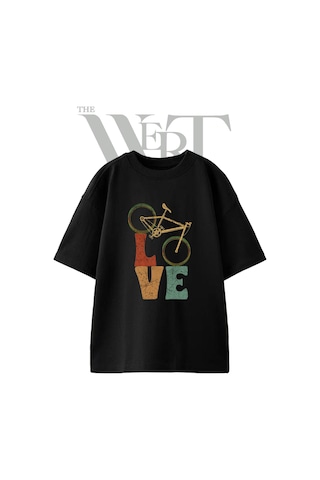 Thewert Bicycle Love Tasarım Baskılı Ünisex Siyah Oversize T-shirt