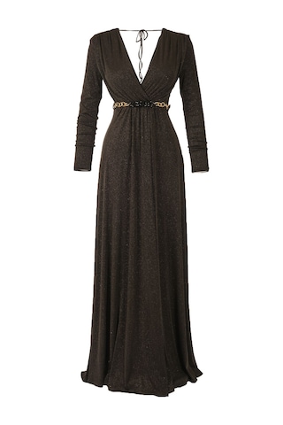 Explosion Maxi Abiye Elbise: Uzun Kol, V Yaka, Şık Kemer Detayı Siyah