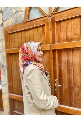 Seyra Mercan-sarı Fırça Desen Tivil İpek Eşarp 3873 Çok Renkli