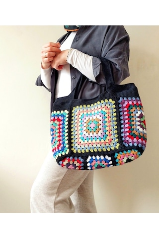 Kemzey Handmade El Yapımı Siyah Tote , Nostaljik Kareli Örgü Çanta Çok Renkli Sarı