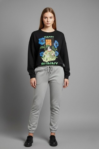 The Kadın Happy Bunny Baskılı %100 Pamuk 3 İplik Şardonsuz Sweatshirt - Bisiklet Yaka Basic Üst Siyah