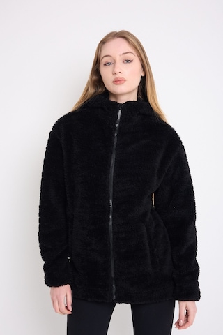 Kadın Siyah Peluş Rüzgar Geçirmez Welsoft Çift Cepli Kapüşonlu Kışlık Mont Siyah