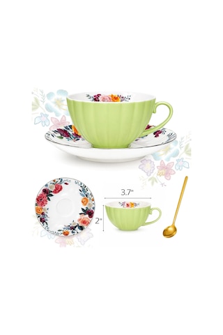 2'li Çay Fincanı Ve Tabağı Seti, 8oz Altın Süslemeli Ve Kaşıklı Çiçekli Çay Bardakları, Porselen İngiliz Kahve Fincanları, Cappuccino Espresso Latte Kupası Parti Doğum Günü Düğün Hediyeleri Çok Renkli