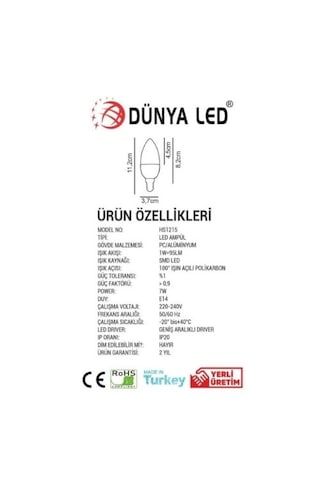 7w E14 Led Ampul 3000k Sarı Işık 4 Adet Paket