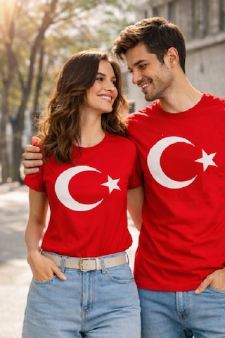 Westicgiyim Unisex Kırmızı Ay Yıldız Türk Bayraklı Tişört T-shirt Kırmızı