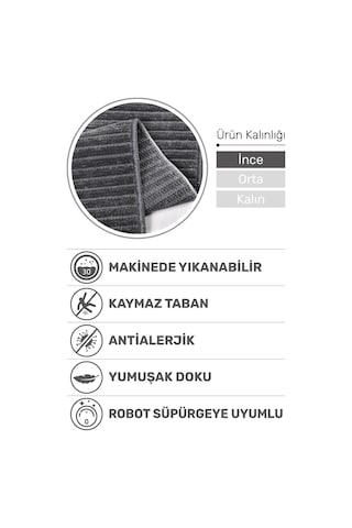Lidya Antrasit Pamuk Dokuma Yumuşak Halı Kaymaz Tabanlı, Yıkanabilen Modern Tasarımlı Kilim Antrasit