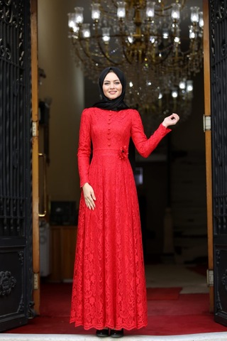 İbrahim Burak Etiler Collection Ahunisa Henna Abiye Kırmızı 5646