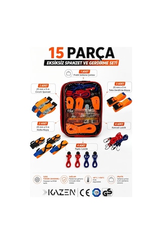 Kazen 15X Parça Spanzet Bagaj Lastiği Gerdirme Halat + Kayış Seti