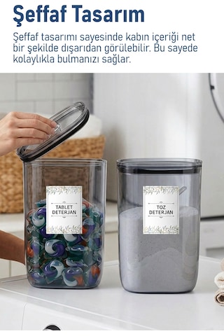 İronika Etiket Hediyeli Sızdırmaz Kapaklı Tablet Toz Deterjan Saklama Kabı 2100 Ml 2 Adet Füme