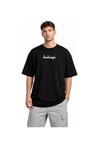 Vexor Erkek Bisiklet Yaka Baskılı Kısa Kollu Tişört Streetwear Günlük Basic Pamuklu T-shirt - Siyah