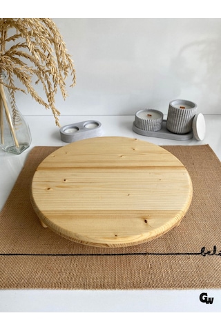Yuvarlak Doğal Ahşap Sunum Tabağı Ayaklı Düz Ahşap Sunumluk Beyaz Çam Çap:28cm Yük:6,5cm Ş