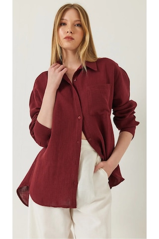Kadın Oversize Basic Cepli Müslin Gömlek Bordo