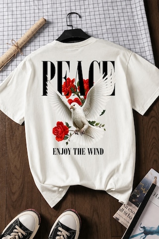 Spoyi Peace Bloom Tasarımlı %100 Pamuk Yarım Oversize Beyaz T-xlhirt