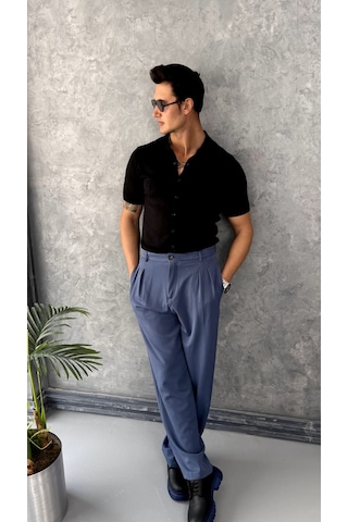 Modefendi Slim Fit Polo Yaka Triko Pamuk Kısa Kollu Gömlek Siyah