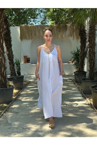 Yazlık Keten Askılı Oversize Elbise Beyaz