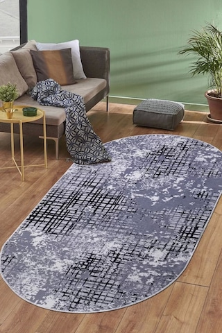 Dijidekor Halı Siyah 8881 Yıkanabilir Saçaksız Oval Kesme İnce Yolluk Kilim Salon Halısı Modelleri Çok Renkli