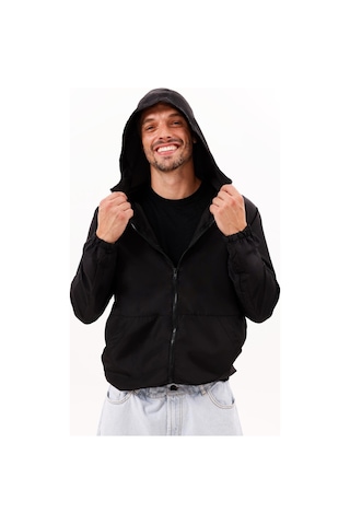 Erkek Kapüşonlu Su Ve Rüzgar Geçirmez Astarlı Oversize Yağmurluk Siyah