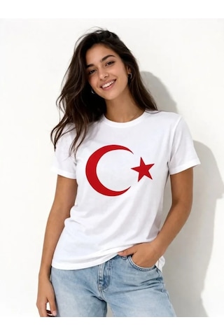 Dogutrend T-shirt Kısa Kol Bisiklet Yaka Ay Yıldız Bayrak Baskılı Tişört - Beyaz