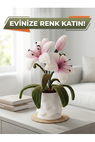 Crystal Coza El Yapımı Şönil Lilyum Çiçeği - Beyaz Saksıda Modern Yapay Zambak Ev Ofis Dekorasyonu 30 Cm Açık Pembe