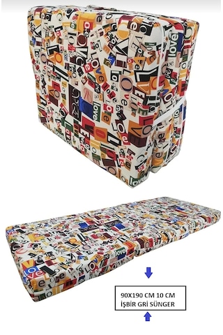 Katlanır Yer Yatağı Tek Kişilik Sünger Minder Yatak 90x190x 10 Cm Gri Kalın Sünger Love Desen Karışık Renk