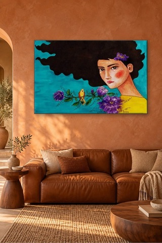 Fida Turkuaz Fonda Kuşlu Ve Çiçekli Kara Saçlı Kız Canvas Tablo Çok Renkli
