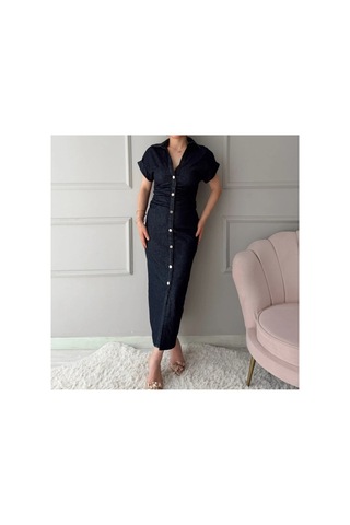 Deniz Beli Büzgülü Düğme Detaylı Denim Elbise Mavi Mavi