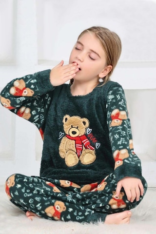 Kız Çocuk Göz Bantlı Peluş Polar Pijama Takımı Koyu Yeşil