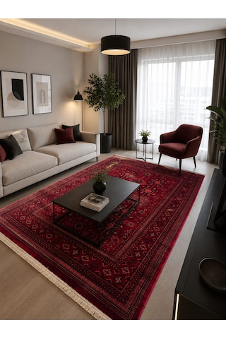 Afgan Türkmen Otantik Desenli Dokuma Salon Ve Oturma Odası Halısı Bordo