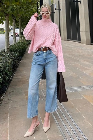 De Pose Pembe Balıkçı Yaka Örme Triko Kazak