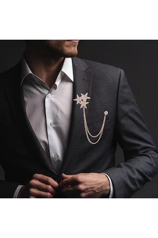 Homyl Parlak Taklidi Beş Köşeli Yıldız Broş Pin Rozeti Şık Erkek Altın