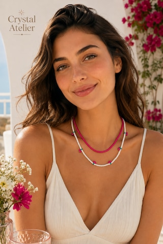 Crystal Atelier 2'li Pembe Kiraz Boncuk Kolye Seti El Yapımı Kum Boncuk Beyaz Pembe İkili Choker Kombini Meyve Temalı Hediyelik Kolye Pembe - Beyaz