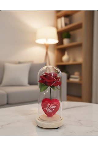 Işıklı Kalpli Güllü Özel Cam Fanus Seni Seviyorum Yazılı Ledli 17 Cm Kırmızı