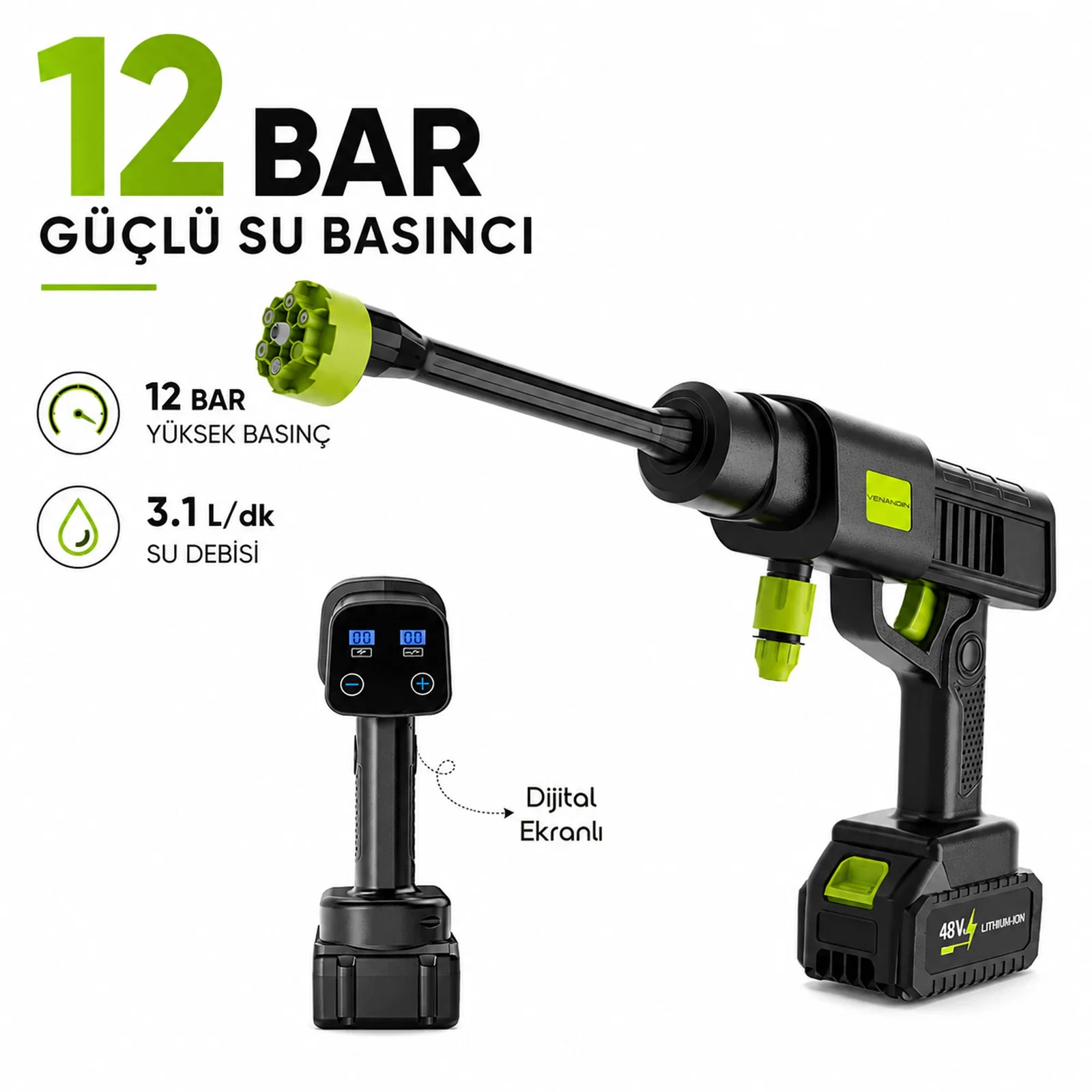 Venandin Vn/wpl-001 Wash Plus Kablosuz Yüksek Basınçlı Yıkama Tabancası 12 Bar