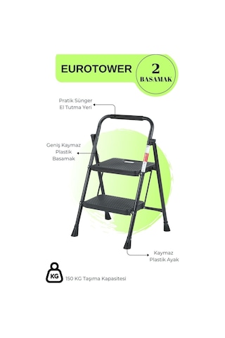 Eurotower 2 Basamak Özel Tasarım Geniş Basamaklı Siyah Merdiven 3+1