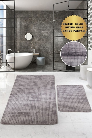Kare Plus Gri Büyük Ebat 80x150 + 50x80 Cm 2'li Banyo Paspası Yıkanabilir Klozet Takımı Gri
