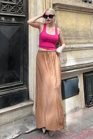 Madmext Camel Beli Lastikli Uzun Kadın Etek Mg1979 Camel