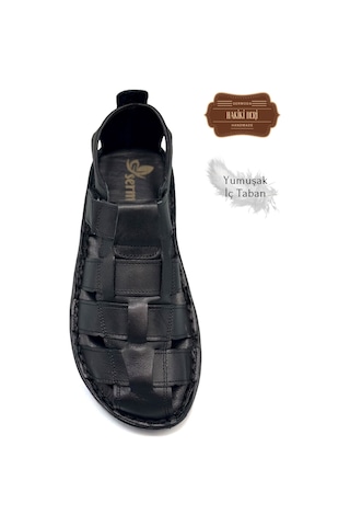 Sermoda Hakiki Deri Burnu Kapalı Erkek Sandalet Siyah