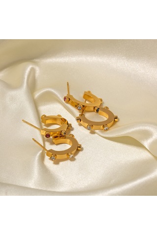 Ins İnternet Ünlü Abartılı Tasarım 18k Altın Paslanmaz Çelik Renkli Elmaslarla Kakmalı C Şeklinde Küpeler Popüler Titanyum Çelik Küpeler Diğer