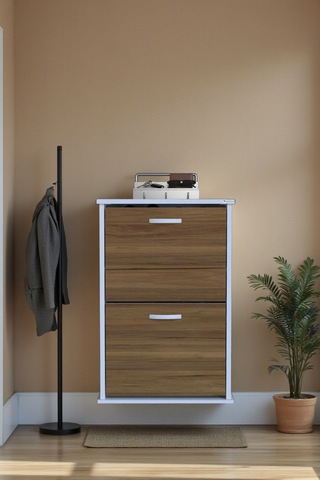 Eliusta Holen Ceviz Renk Ayakkabılık 2 Düşer Kapak 52 Cm Genişlik Kapı Önü Asma Ayakkabılık 52x74x26 Cm Ceviz