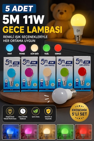 5 Adet Çocuk Odası Gece Lambası Akıllı Gece Lambalı Led Ampul 11w Beyaz +renkler Tasarruflu Çift Mod