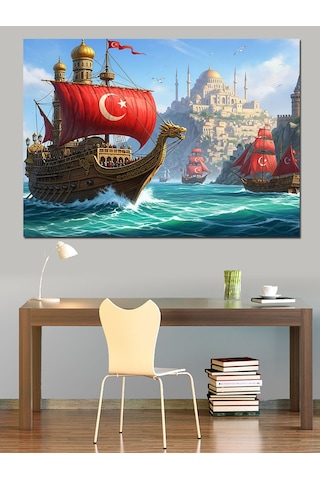 Türk Bayraklı Tarihi Gemi Dekoratif Kanvas - Mdf Ahşap Tablo